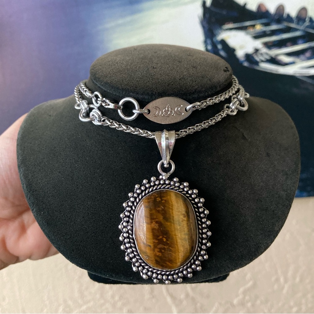 925 Sterling silver overlay golden brown tiger eye gemstone steel boho necklace - Picture 7 of 13